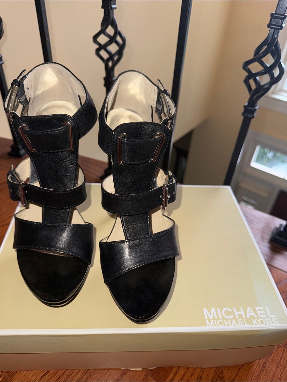 Michael Kors Black Leather Strappy Buckle Heels